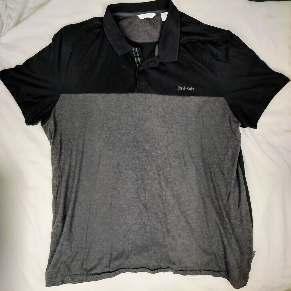Calvin Klein Mens Medium Two Tone Polo Shirt Dark Grey Black Colorblock